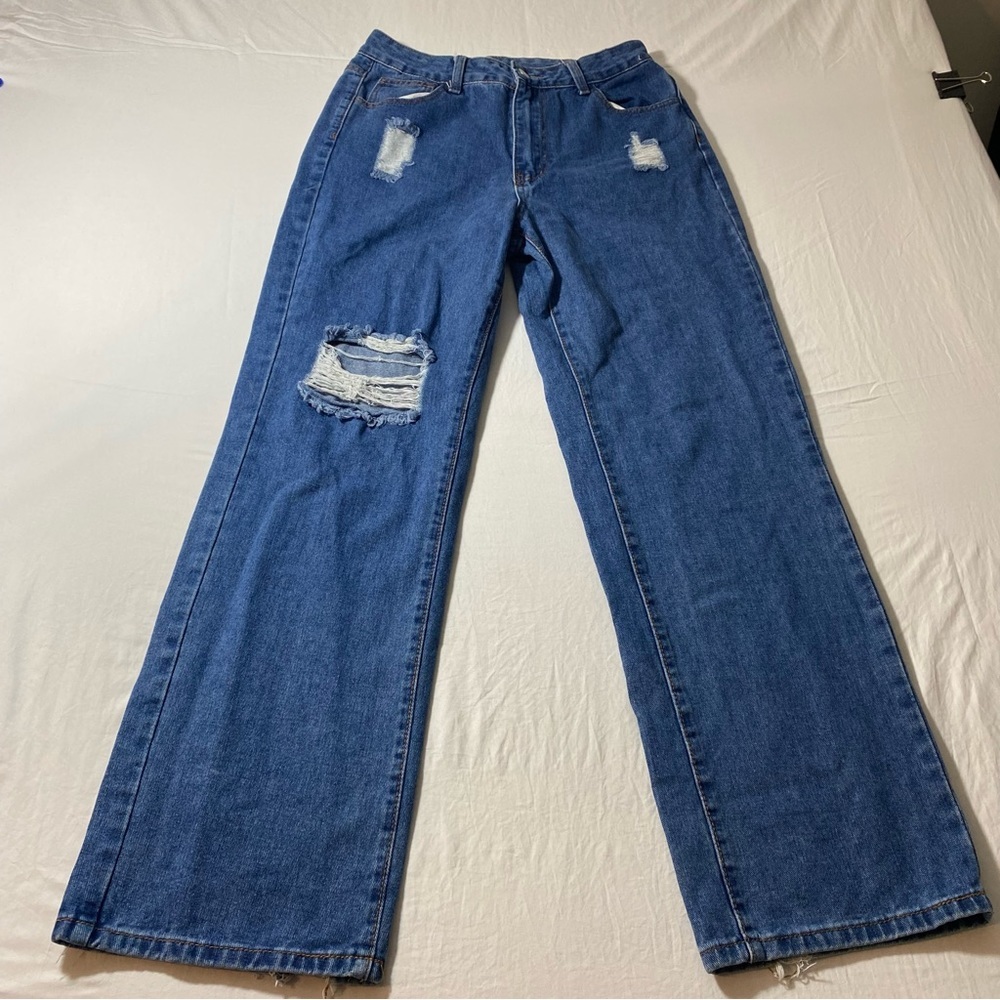 Shein Wide leg Ripped Jeans Medium wash denim  Highwaisted distressed pa…